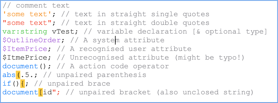 Coloured syntax highlighting in Action code